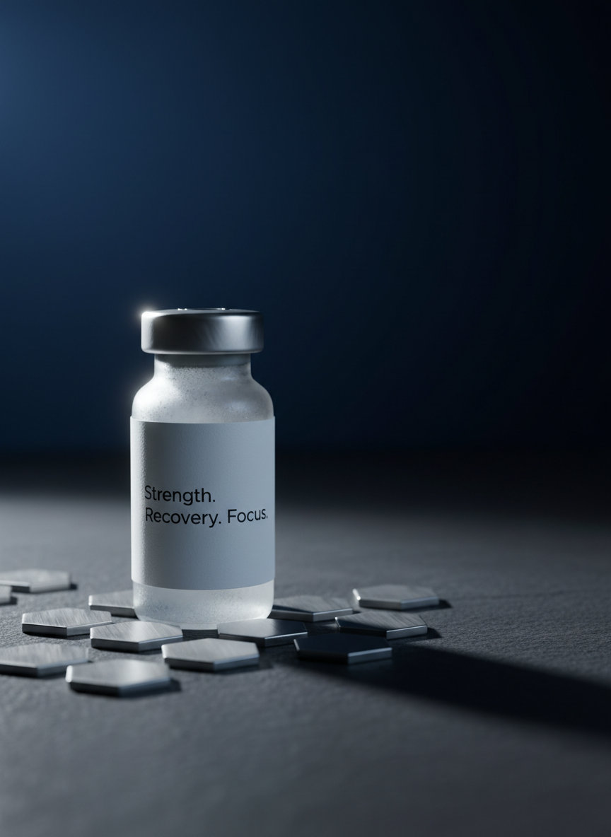 A close-up of a single frosted glass peptide vial with a matte white label that reads in clean typography: “Strength. Recovery. Focus.” The vial rests on a smooth charcoal-gray stone surface, surrounded by scattered metallic hexagon tiles suggesting molecular structures. A cool, directional spotlight from the upper left carves sharp highlights along the vial’s edges and casts a dramatic shadow, while the background fades into a deep gradient of midnight blue to black. Photographic realism, bold and minimalist composition with plenty of negative space, captured from a slightly low angle to emphasize power and performance.