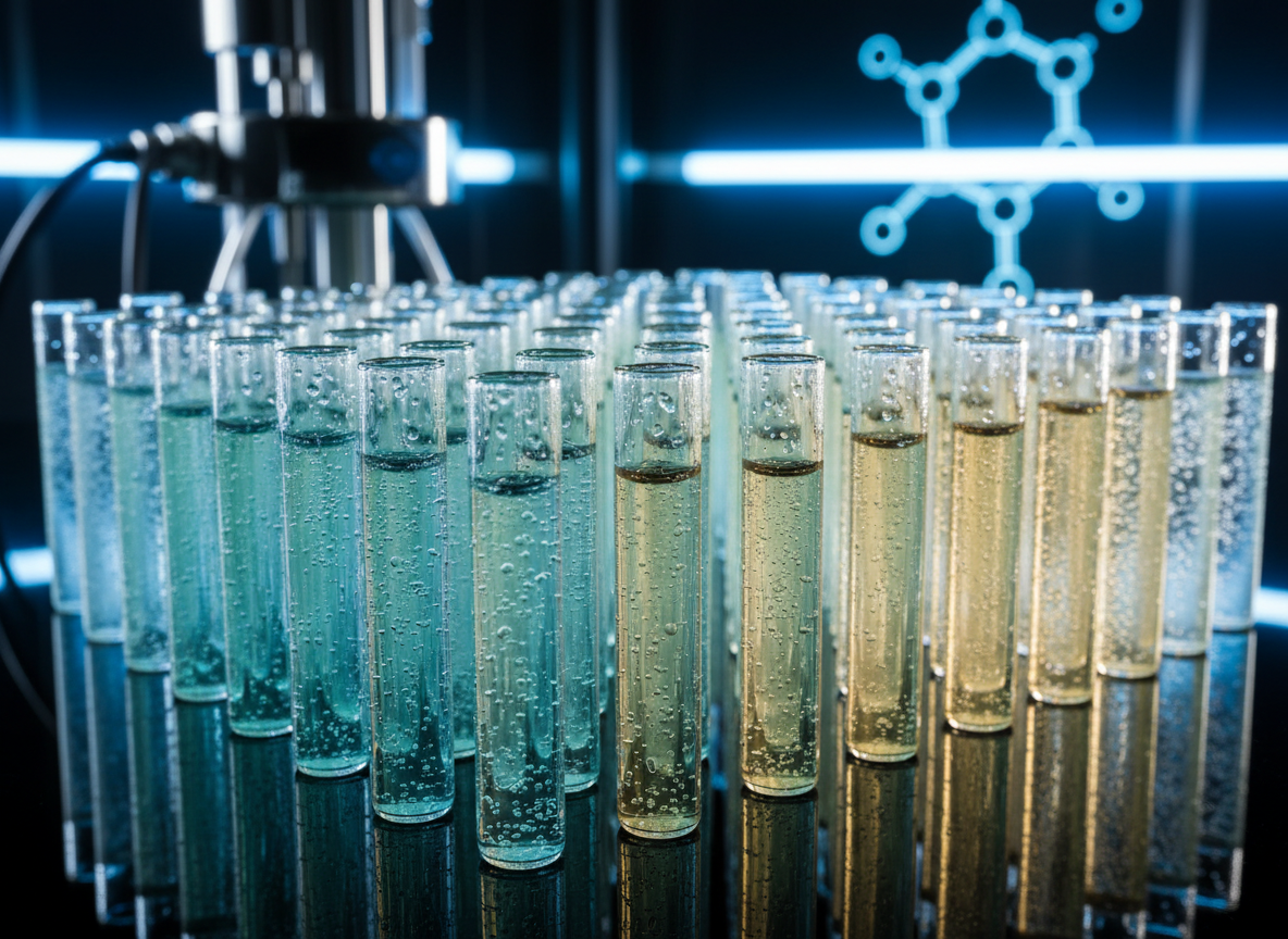 A tightly arranged grid of transparent peptide vials, each filled with subtly tinted clear liquids ranging from icy blue to pale amber, standing on a reflective black lab bench. Fine condensation beads on the glass, catching sharp white studio light from above and the side, creating crisp highlights and defined shadows. Behind them, out of focus, a sleek chrome rack and a blurred LED-lit molecular diagram glow electric blue. Photographic realism with a bold, high-contrast look, shot at eye level with a shallow depth of field, conveys precision, power, and cutting-edge science suitable for a peptide education homepage hero image.