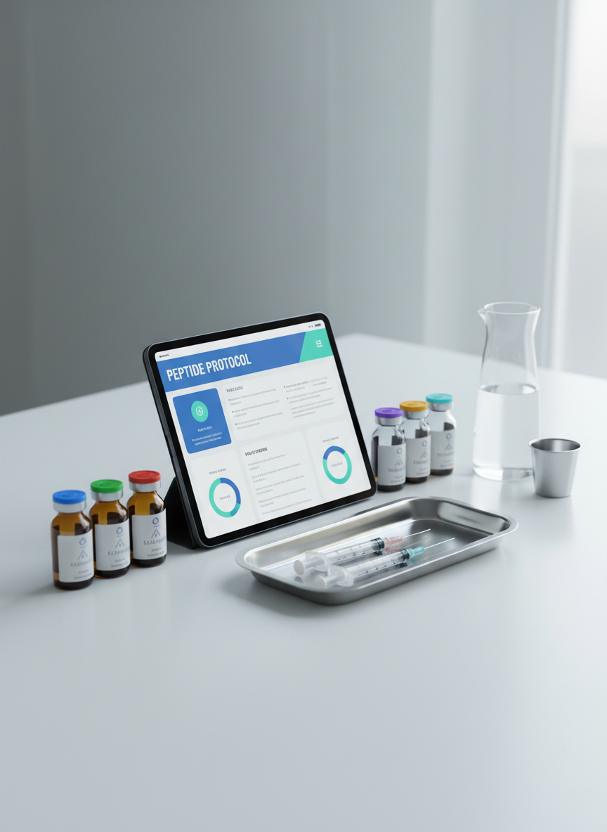 An organized peptide regimen laid out on a matte white surface: a digital tablet displaying a clean peptide education dashboard, flanked by neatly aligned amber and clear glass vials with color-coded caps, a precision stainless steel lab tray, and a minimalist glass water carafe. Soft, diffused daylight from a large unseen window to the right creates gentle reflections on the glass and metal, with subtle shadows adding depth. The background softly blurs into a cool gray gradient. Shot from a slightly elevated, three-quarter angle with photographic realism, the scene feels modern, trustworthy, and structured, emphasizing planning, safety, and informed decision-making in peptide use.